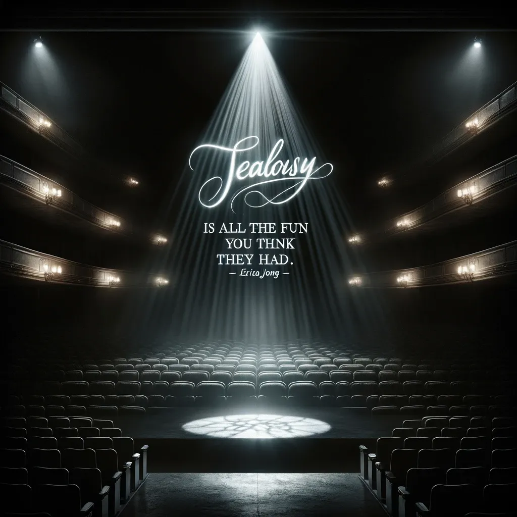 Empty theater stage with spotlight and Jealousy quote by Erica Jong