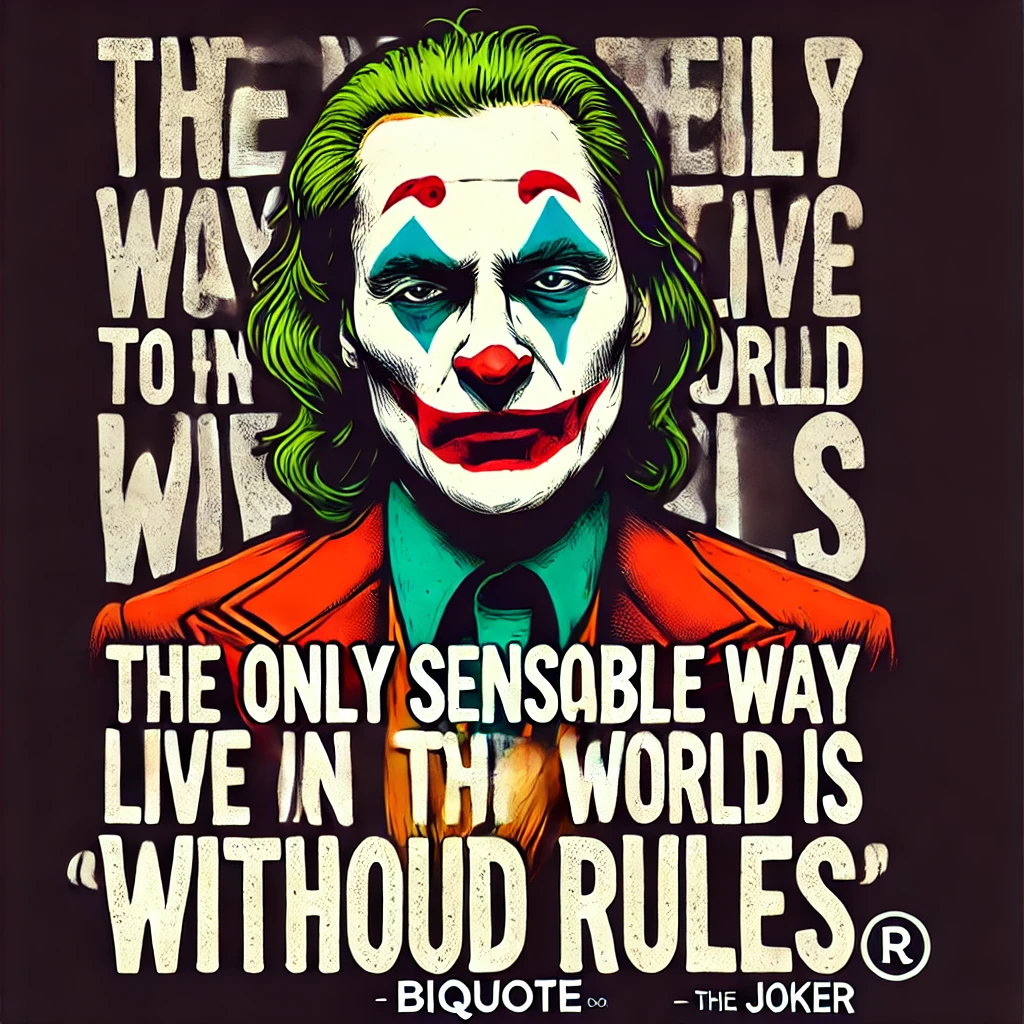 Joker with a serious expression and the quote 'The only sensible way to live in this world is without rules.'