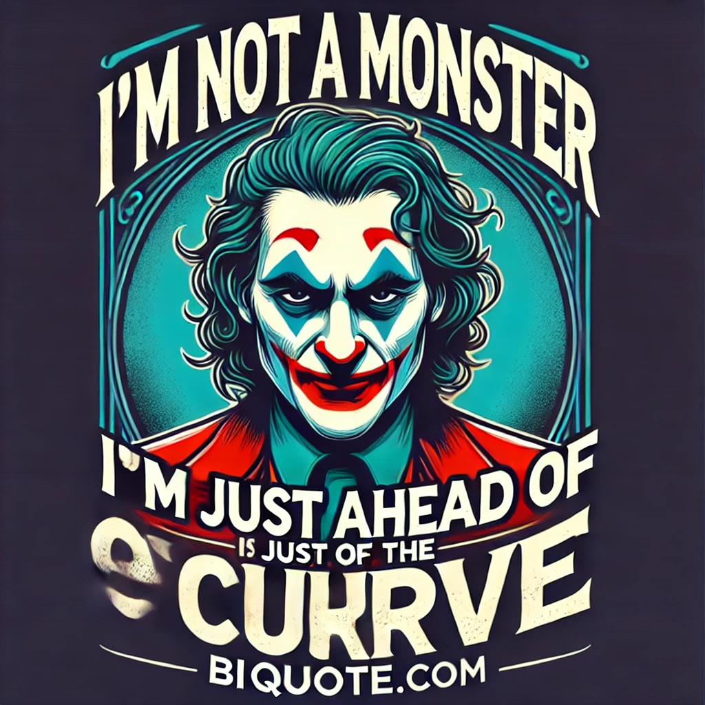 Joker with a menacing smile and the quote 'I’m not a monster. I’m just ahead of the curve.'