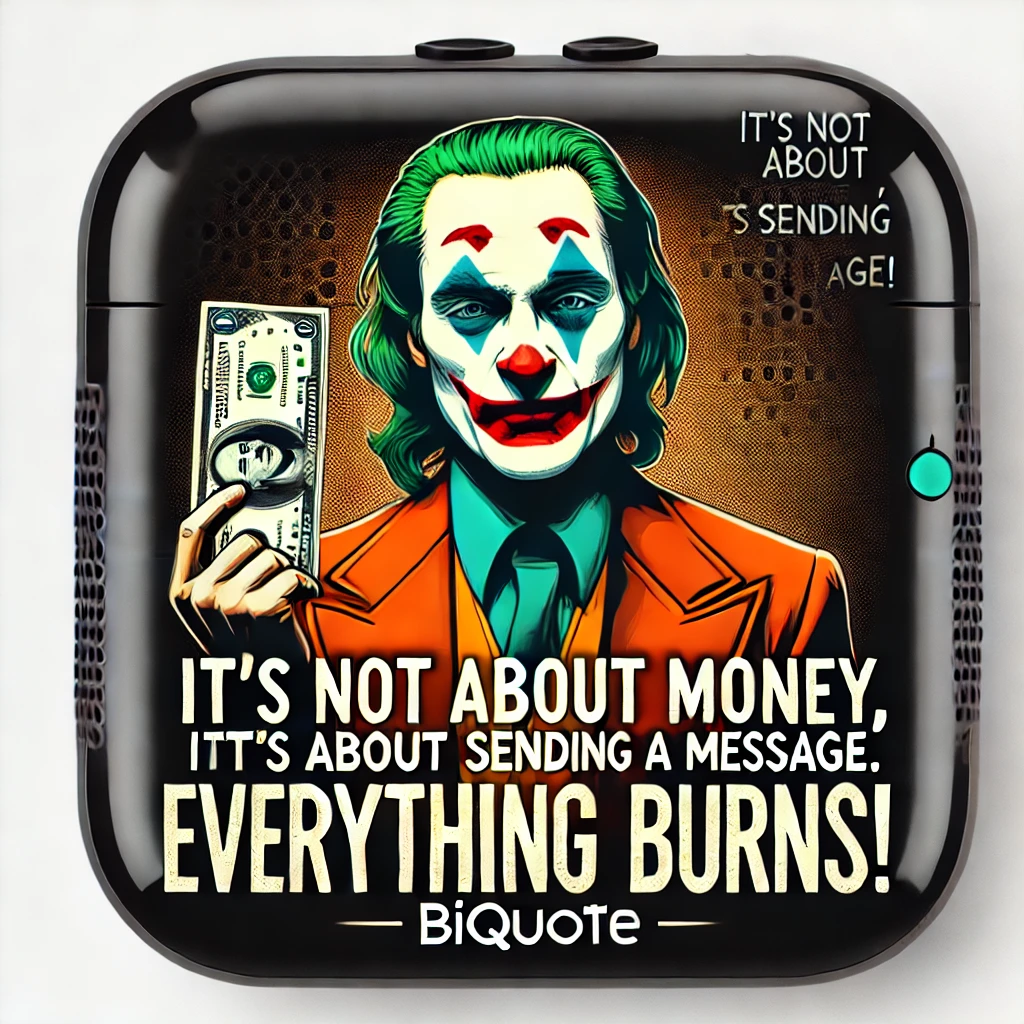 Joker in colorful makeup holding money with the quote 'It's not about money, it's about sending a message. Everything burns!'