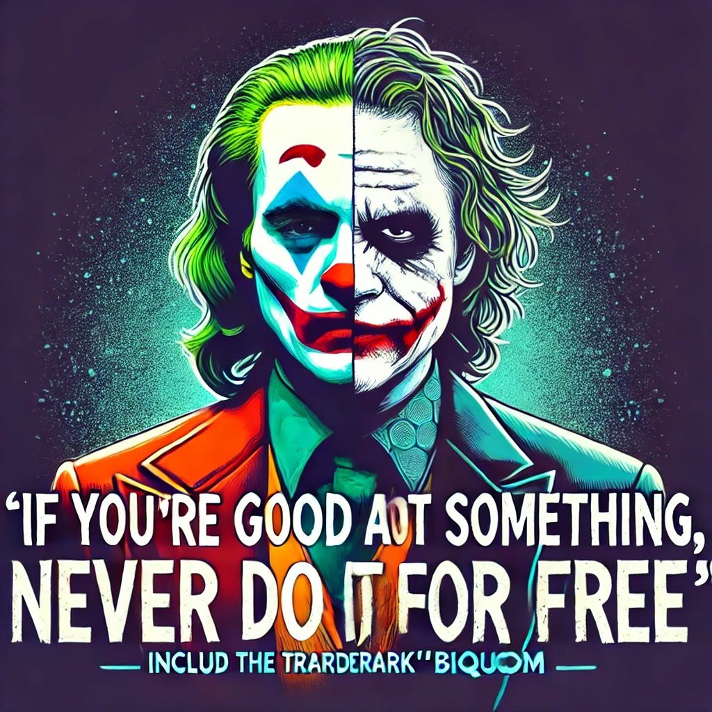 Joker with half Heath Ledger's and half Joaquin Phoenix's face with the quote 'If you’re good at something, never do it for free.'