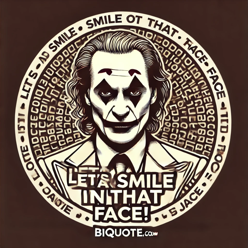 Joker with a menacing expression and the quote 'Let's put a smile on that face!'