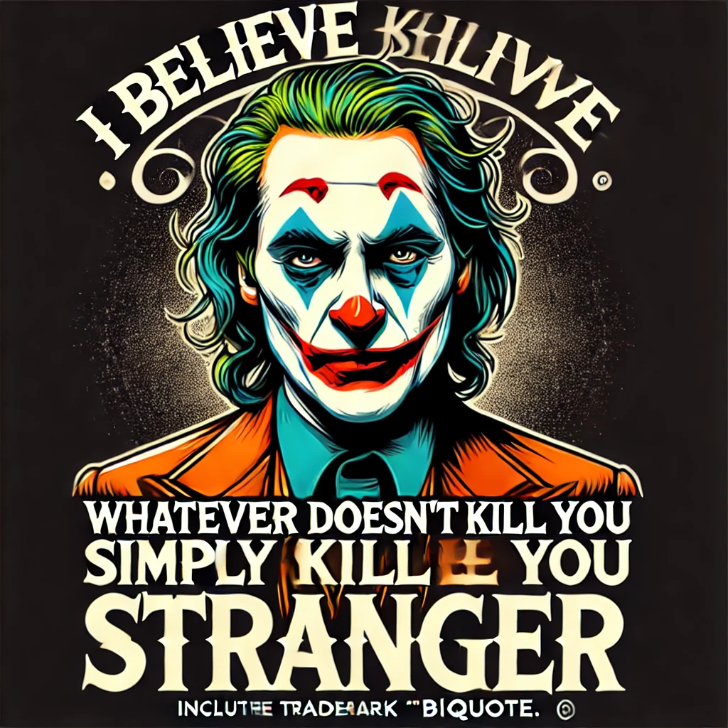 Joker with a serious expression and the quote 'Whatever doesn't kill you simply makes you stranger.'