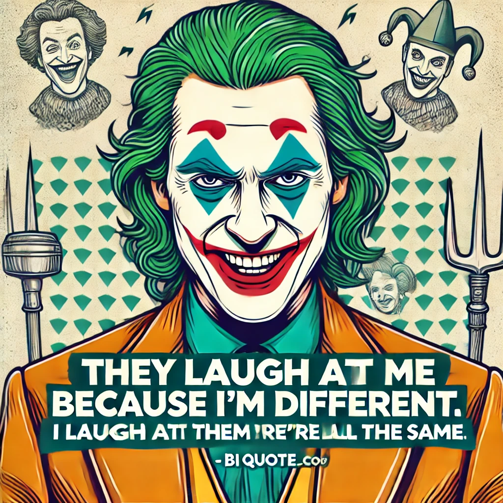 Joker with a menacing smile and the quote 'They laugh at me because I’m different. I laugh at them because they’re all the same.'