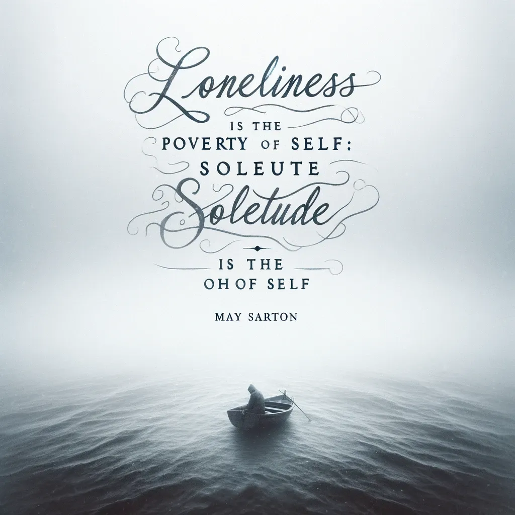 A lone figure in a small boat adrift in an expansive misty sea, beneath May Sarton's quote on loneliness and solitude, elegantly scripted to contrast the poverty and richness of the self.