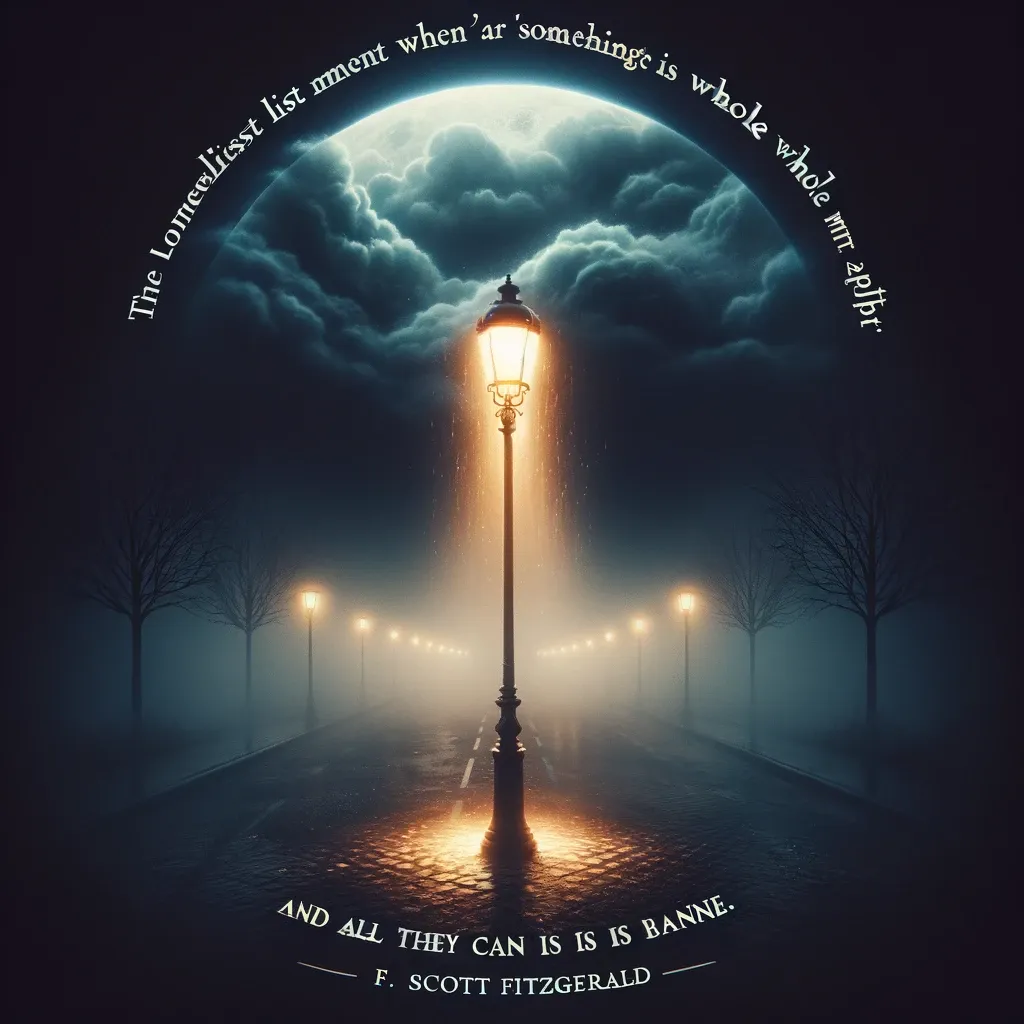 A lamp post casting a warm glow on a foggy path under a moonlit sky, accompanying a poignant quote about loneliness, evoking the quiet stillness of a scene that seems suspended in time.