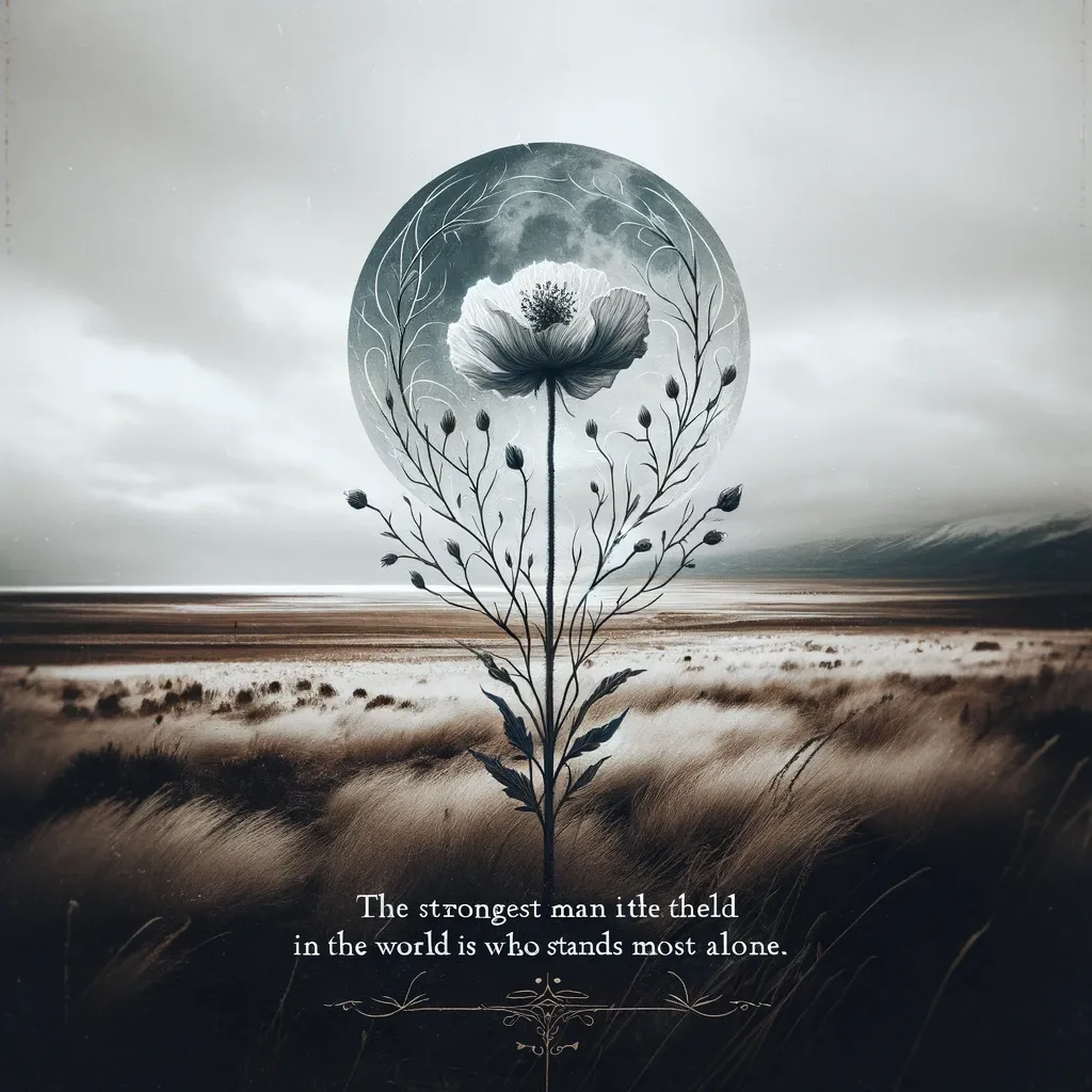 Artistic rendering of a solitary flower against a moon backdrop in a desolate landscape, with a Henrik Ibsen quote on the solitude of the strong.