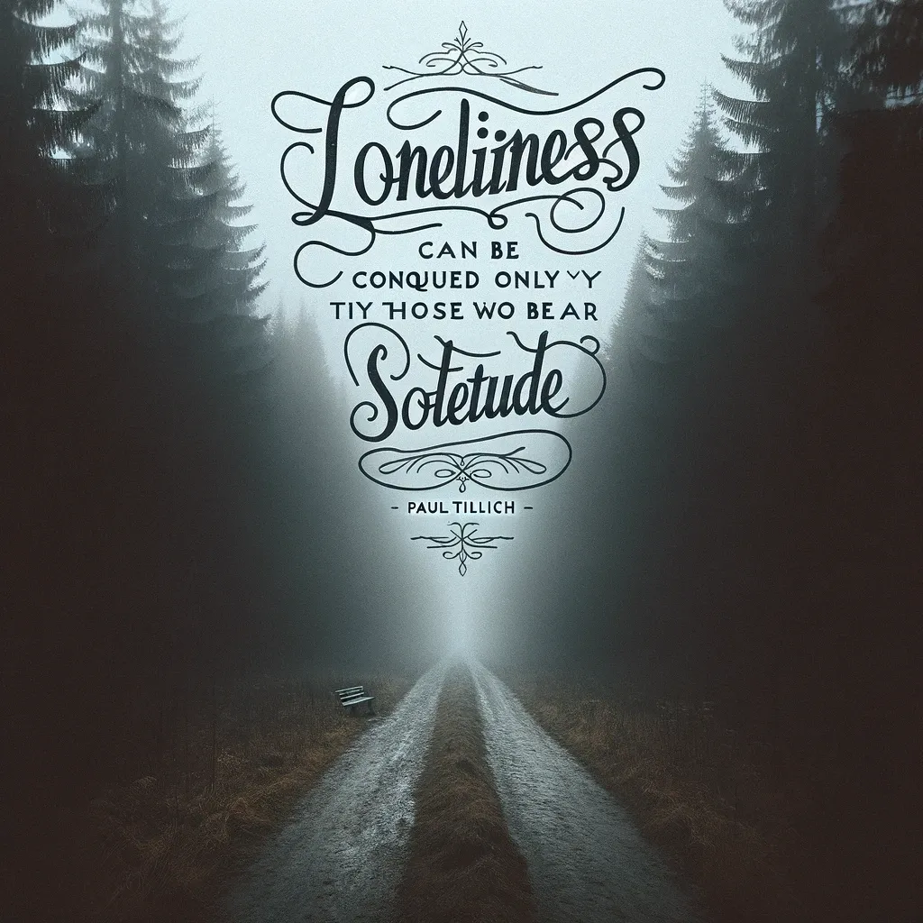A foggy forest path leading to an unknown destination with a lonely bench on the side, overlaid with Paul Tillich's quote on loneliness and solitude.