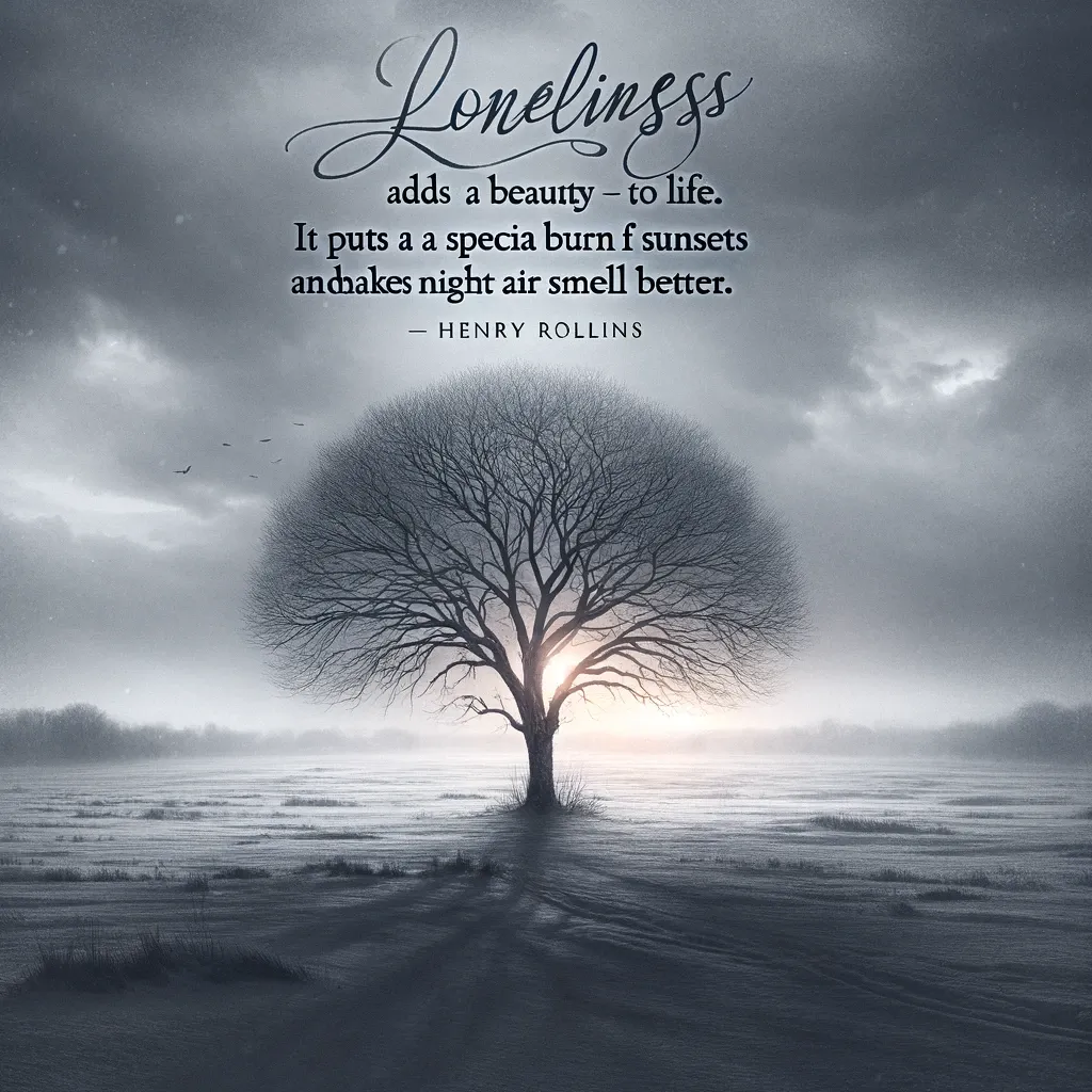 A stark tree stands alone against a moody grey sky at dusk, with Henry Rollins' quote on loneliness adding a poetic touch to the scene, highlighting the beauty and sensory depth that solitude can bring to life.