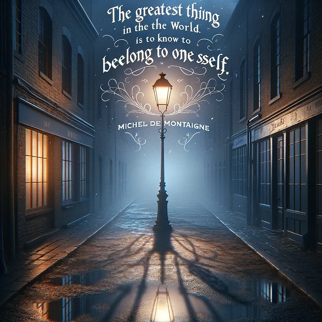 A foggy cobblestone street illuminated by a street lamp at night, with a quote by Michel de Montaigne on self-belonging.