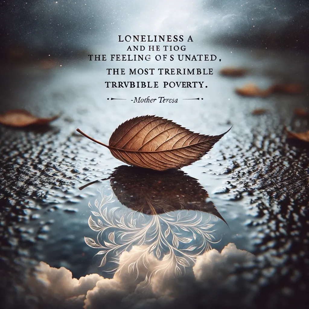 A solitary dry leaf on wet ground, reflecting an intricate pattern, accompanied by a quote on loneliness by Mother Teresa.
