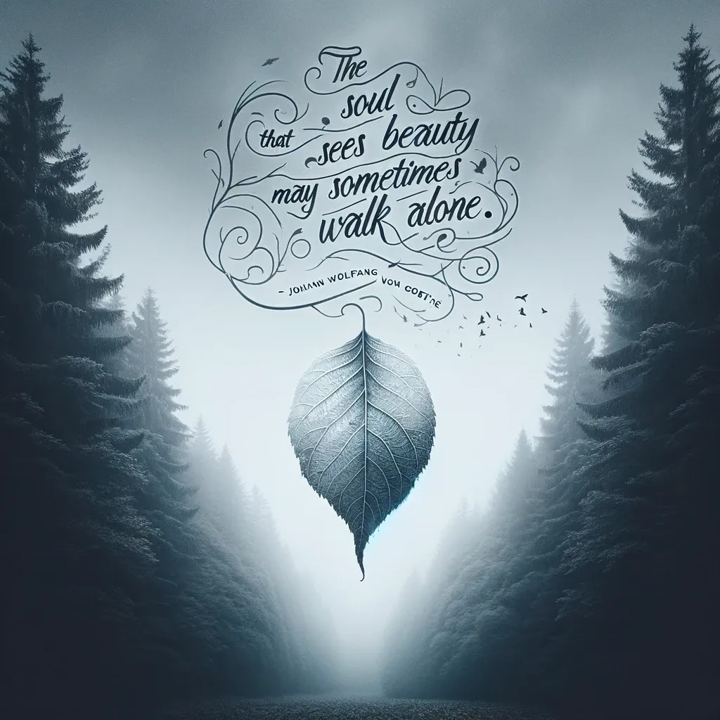 A solitary leaf suspended in a misty forest, with a quote by Johann Wolfgang von Goethe on the solitude of a soul that appreciates beauty.