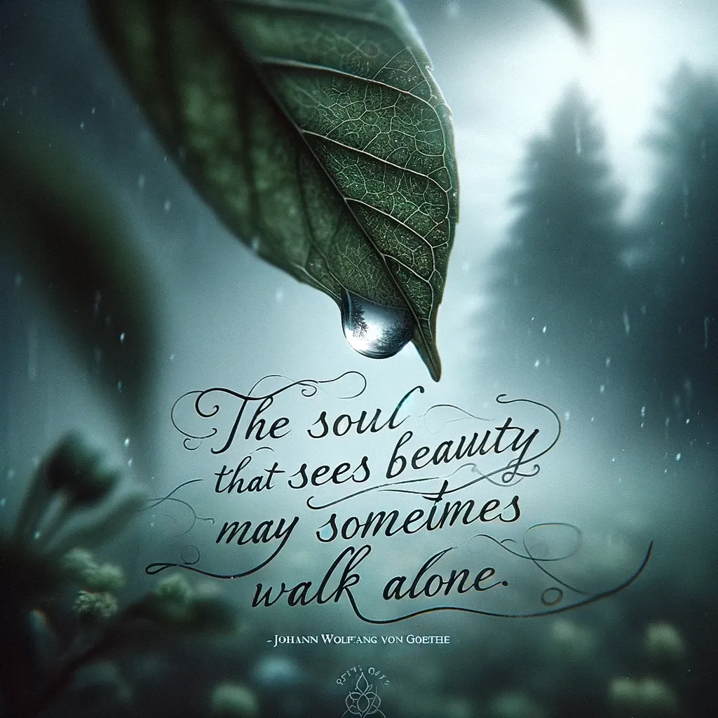A single water droplet on the tip of a green leaf against a blurred forest background, with a quote by Johann Wolfgang von Goethe.