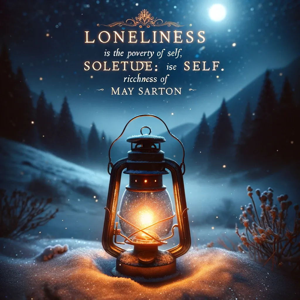 A glowing lantern in a snowy night scene with a thought-provoking quote by May Sarton on loneliness and solitude.