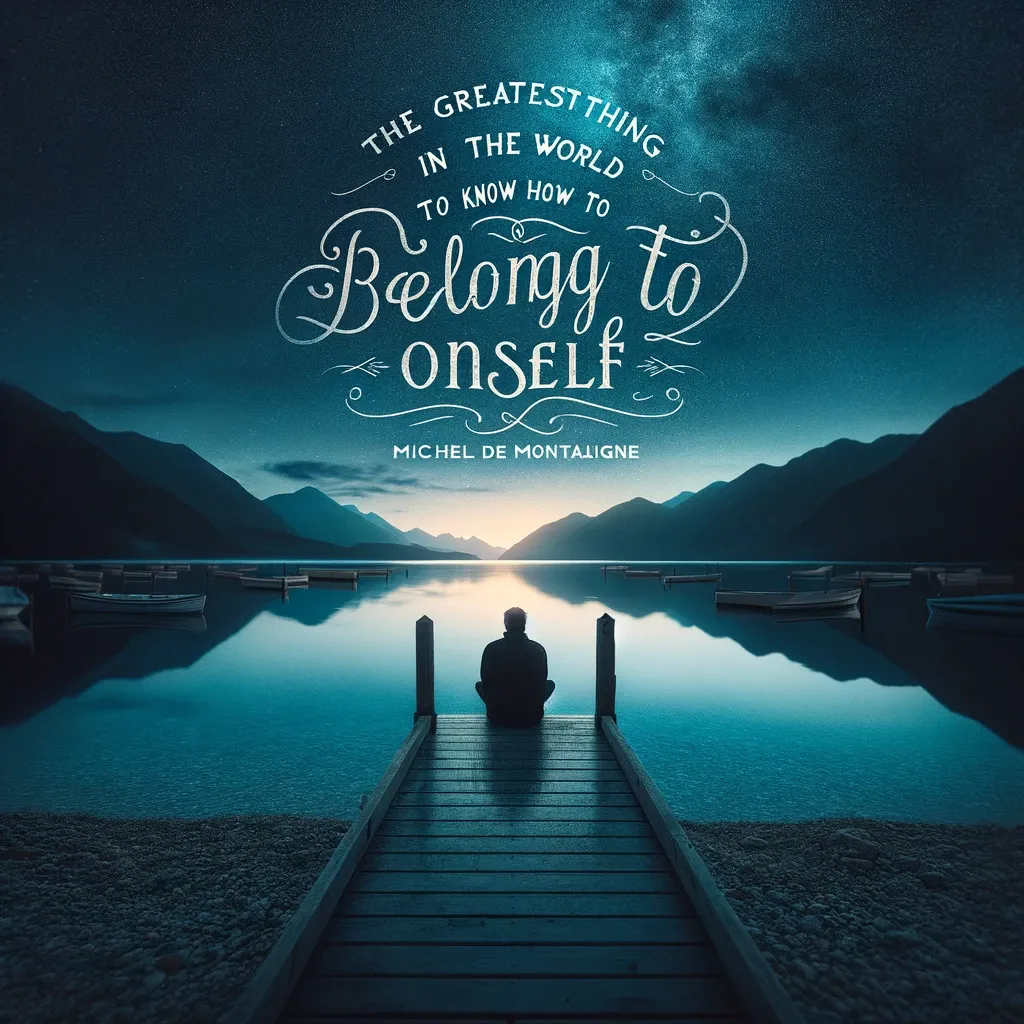 A person sitting at the end of a jetty in a tranquil mountain lake setting under a starry sky, with a quote by Michel de Montaigne.