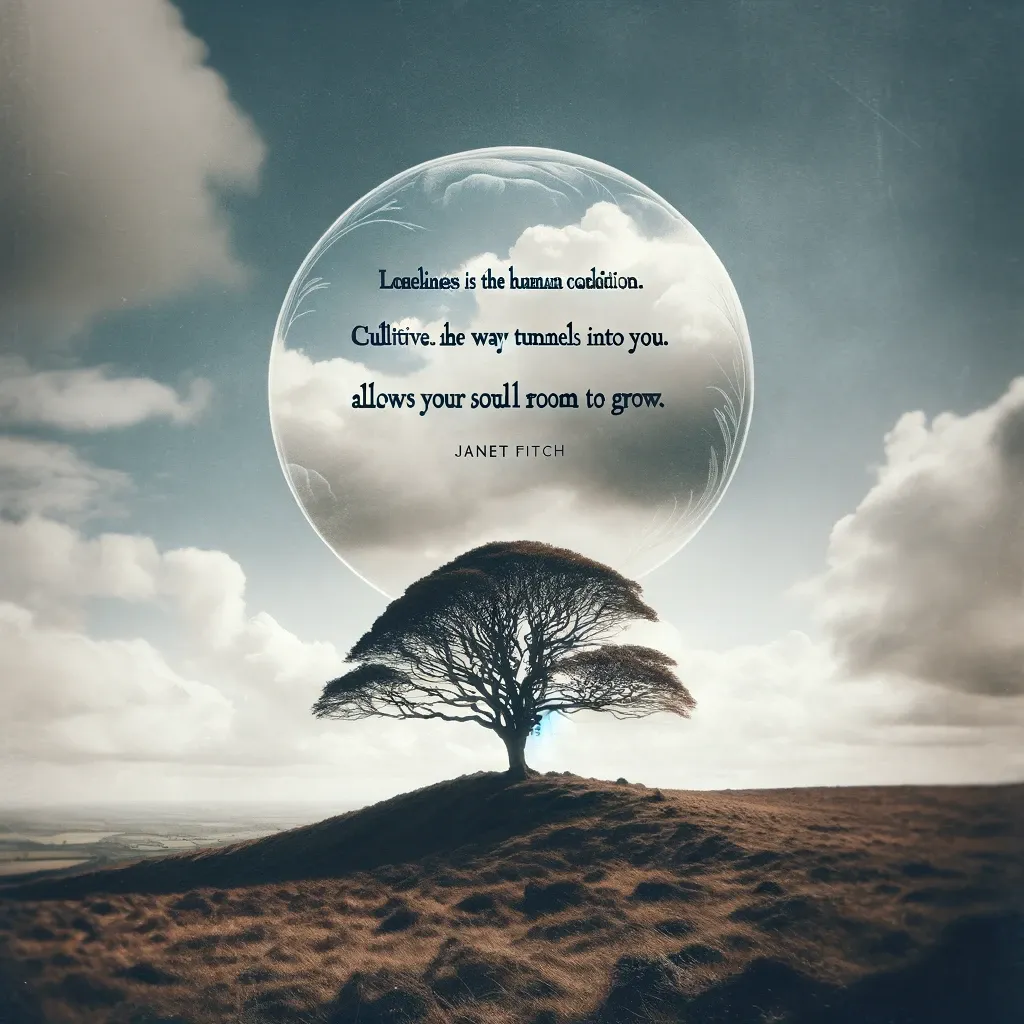 A lone tree on a hill under a large moon with a quote by Janet Fitch on loneliness and personal growth.