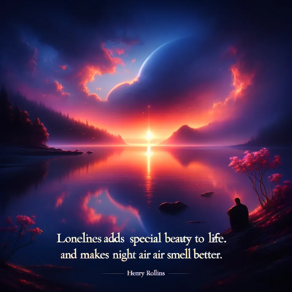 A person seated by a lake at sunset with a vibrant sky and large moon, reflecting on the unique beauty of loneliness, with a quote by Henry Rollins.