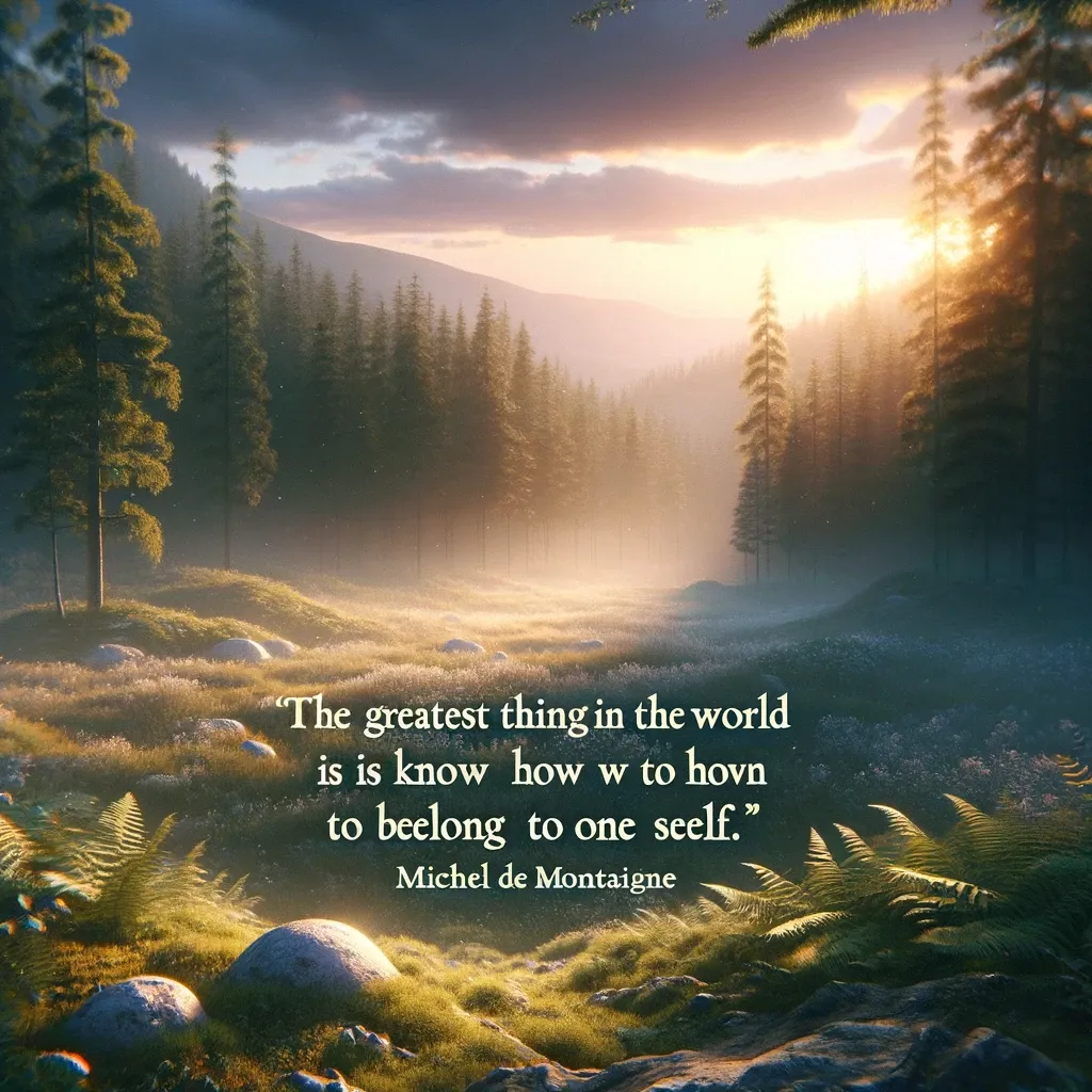 Sunlight streaming through a misty forest with a quote by Michel de Montaigne on the importance of self-belonging.