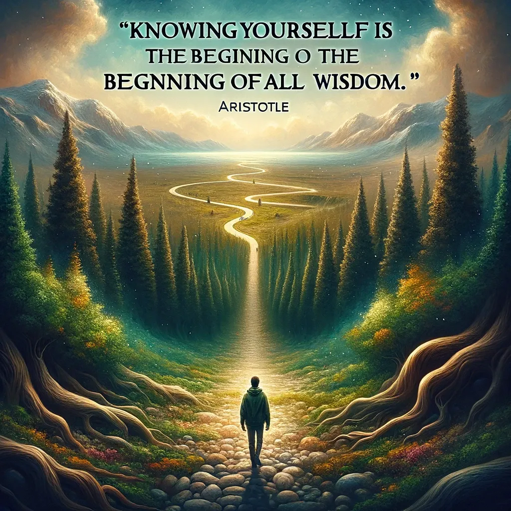 A figure walking down a winding path through a vibrant, mystical forest, with a quote on self-knowledge by Aristotle.