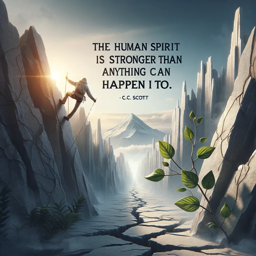 A climber ascending a steep cliff in a surreal landscape, with a quote by C.C. Scott about the resilience of the human spirit.
