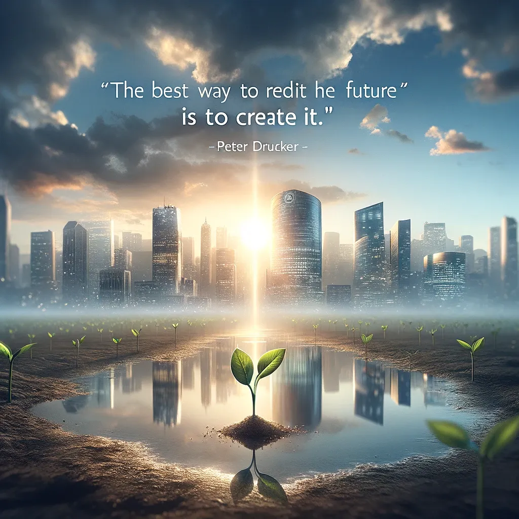 A sapling in barren land with a reflective city skyline in the background, and a quote by Peter Drucker on shaping the future.