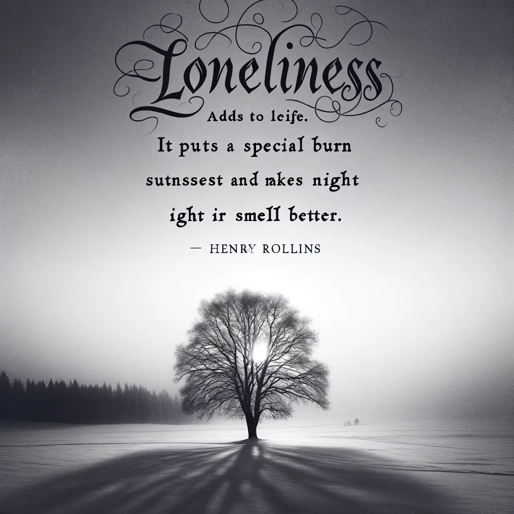 The silhouette of a solitary tree against a foggy monochrome backdrop, with Henry Rollins' poignant words on loneliness, suggesting that solitude can enrich sensory perceptions like the beauty of a sunset and the fragrance of night air.