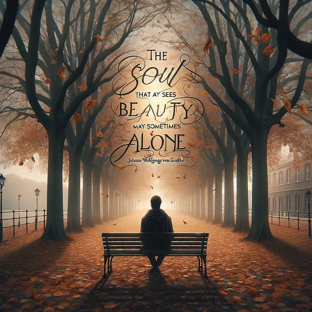 A person sits alone on a park bench amidst a misty, autumnal avenue of trees shedding leaves, contemplating a quote by Johann Wolfgang von Goethe on the solitary pursuit of beauty, set in elegant script against the ethereal backdrop.