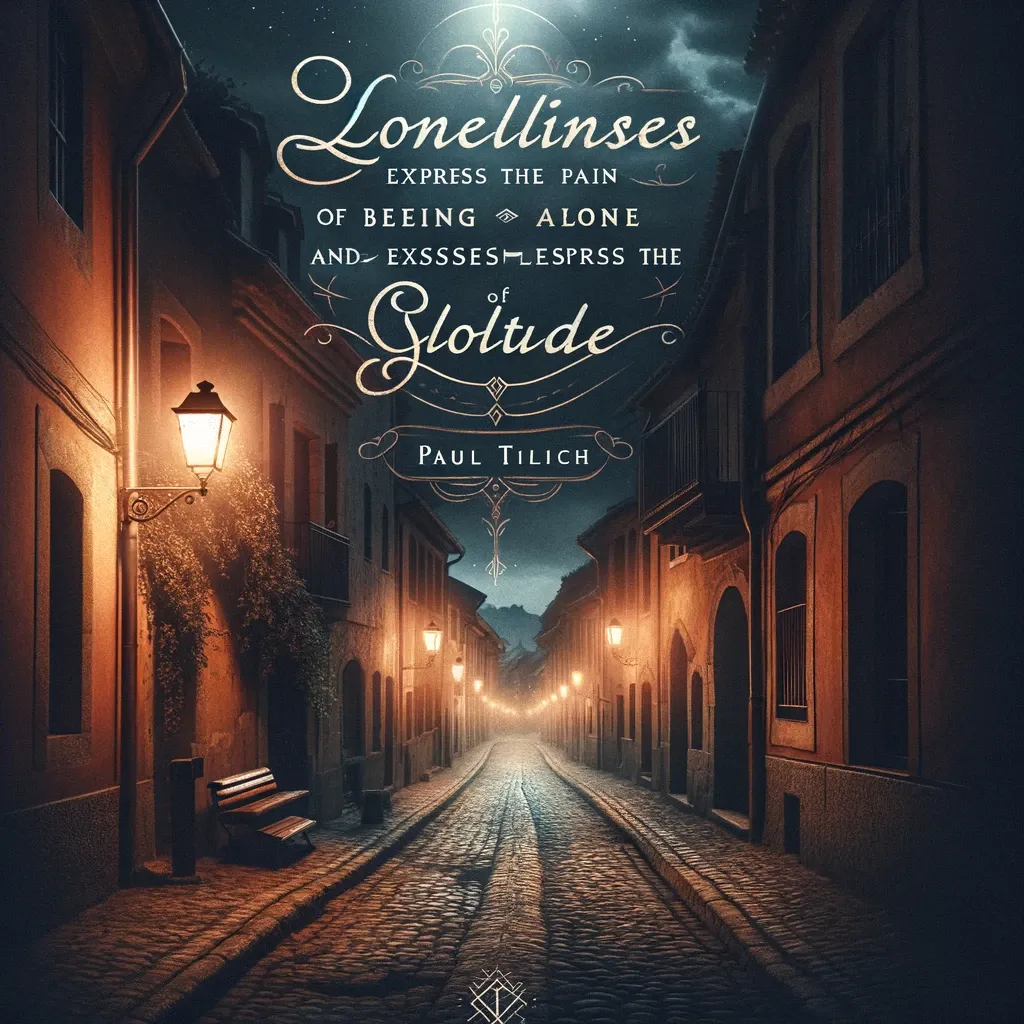 An empty cobblestone street at twilight, lined with old-world lamps and buildings, creates a mood of contemplation alongside Paul Tillich's quote on loneliness and solitude, written in an ornate script above the scene.