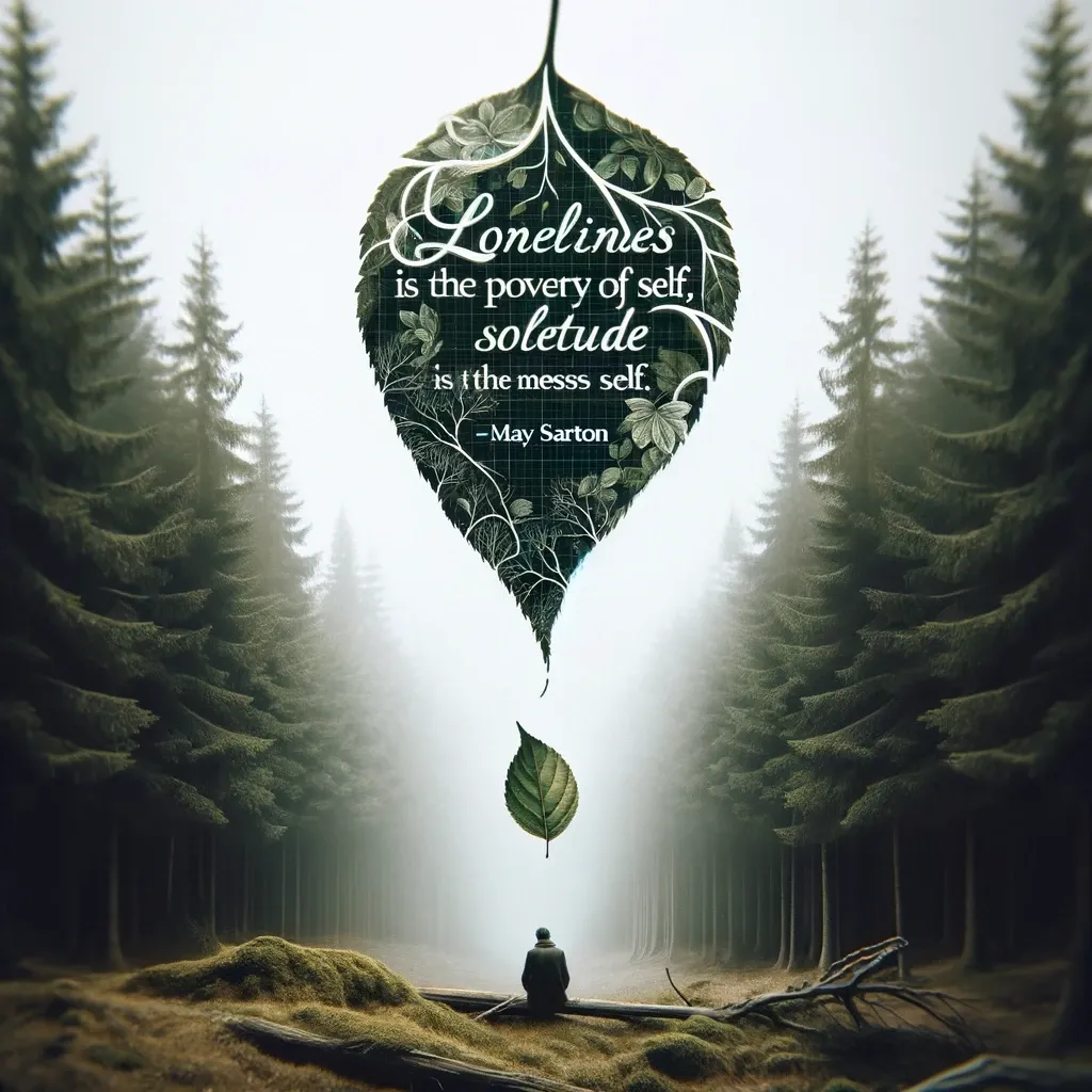 A solitary figure seated under a giant leaf with intricate patterns, in a misty forest setting, symbolizing May Sarton's quote on loneliness and solitude, which contrasts the poverty of self with the richness of solitary contemplation.