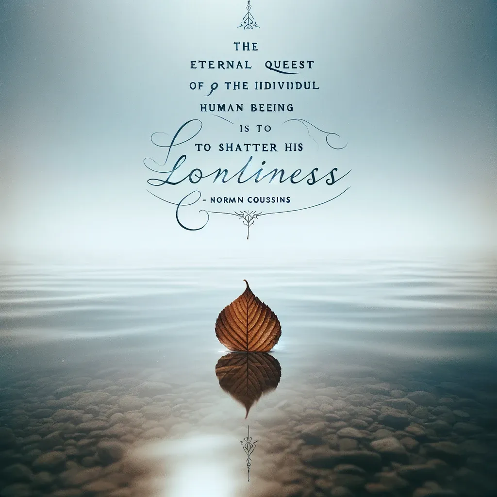A single leaf floating on still water with a pebbled bottom, under the profound quote by Norman Cousins on the human quest to overcome loneliness, set in elegant typography against a calm, reflective backdrop.