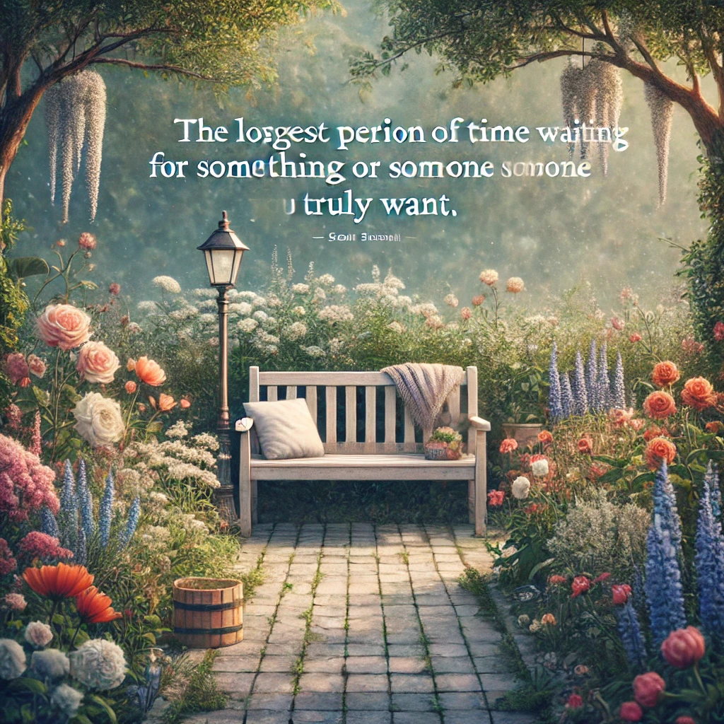 A peaceful garden with a bench and flowers with the quote 'The longest period of time is waiting for something or someone you truly want.'