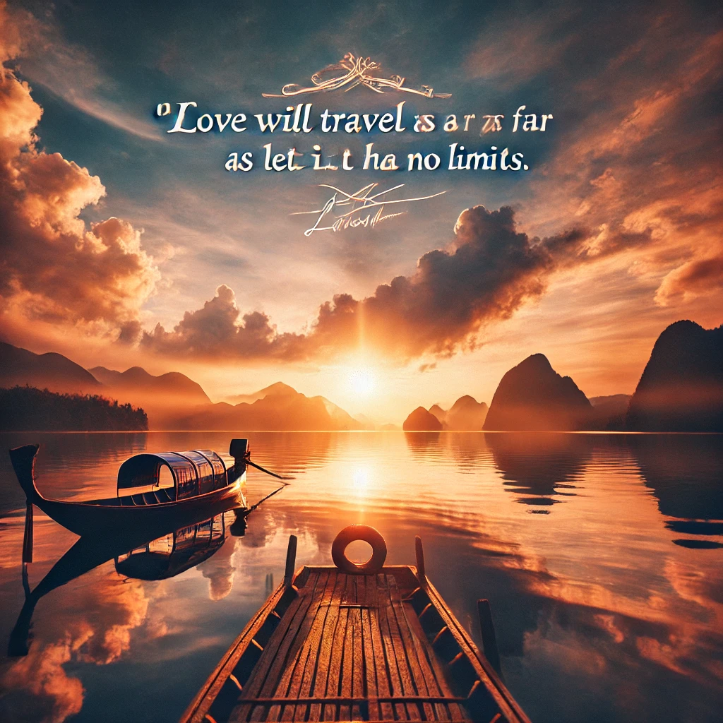 A sunset over a tranquil lake with the quote 'Love will travel as far as you let it. It has no limits.'