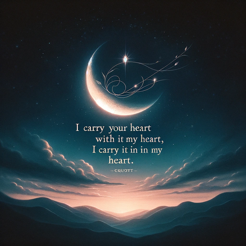 A serene night sky with a crescent moon with the quote 'I carry your heart with me, I carry it in my heart.'