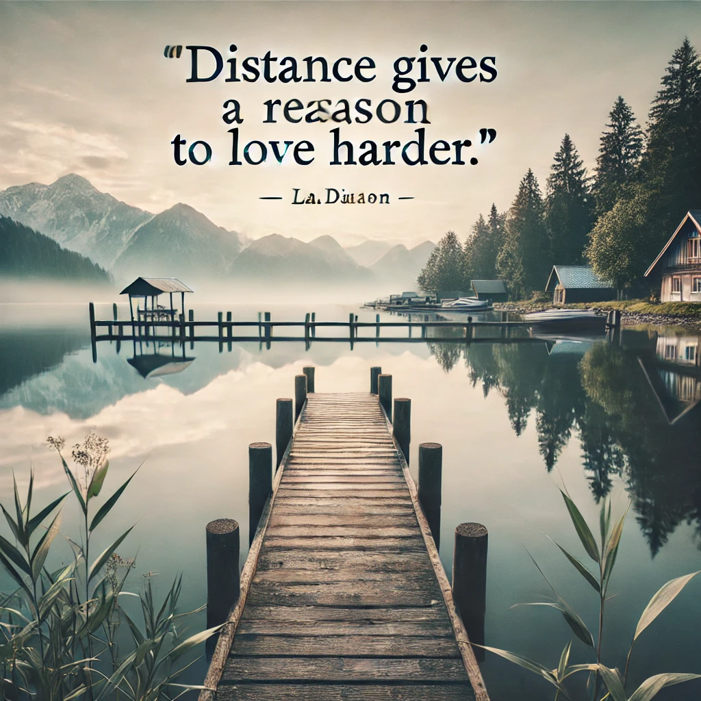 A quiet lakeside with a dock extending into the water with the quote 'Distance gives us a reason to love harder.'