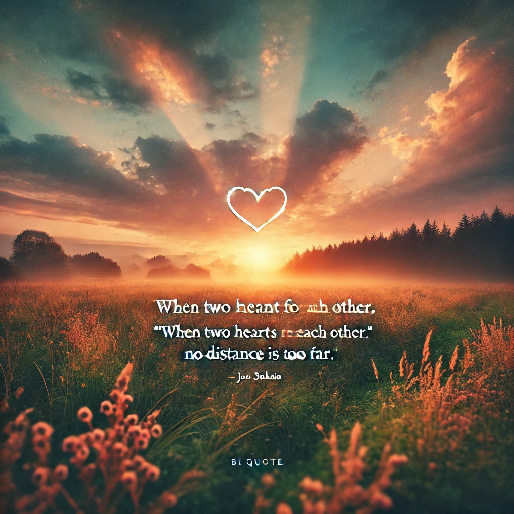 A sunset over a peaceful meadow with the quote 'When two hearts are meant for each other, no distance is too far.'