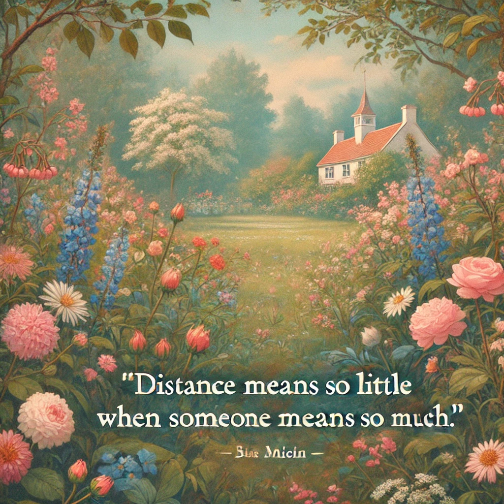 A peaceful garden with flowers in bloom with the quote 'Distance means so little when someone means so much.'