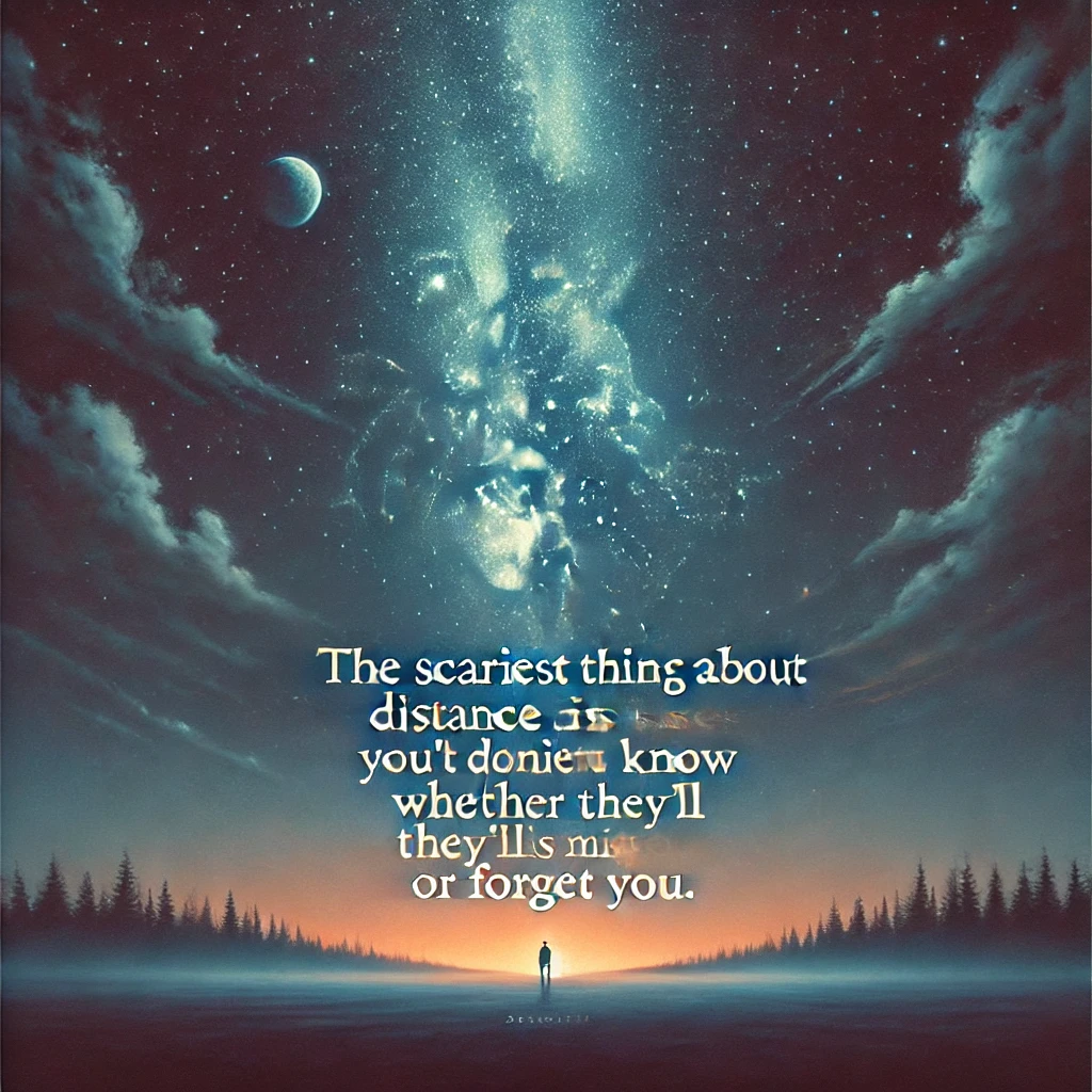 A serene night sky with stars with the quote 'The scariest thing about distance is you don’t know whether they’ll miss you or forget you.'