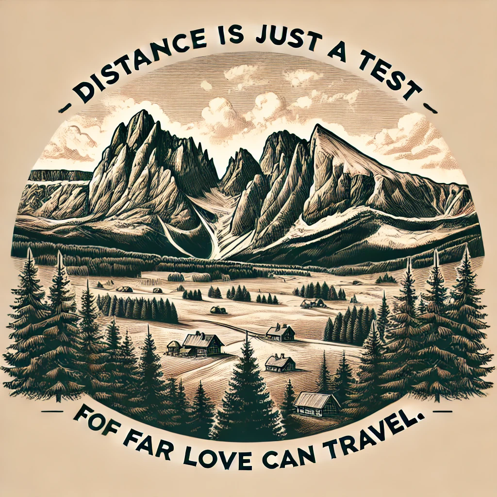 A picturesque mountain view with the quote 'Distance is just a test of how far love can travel.'