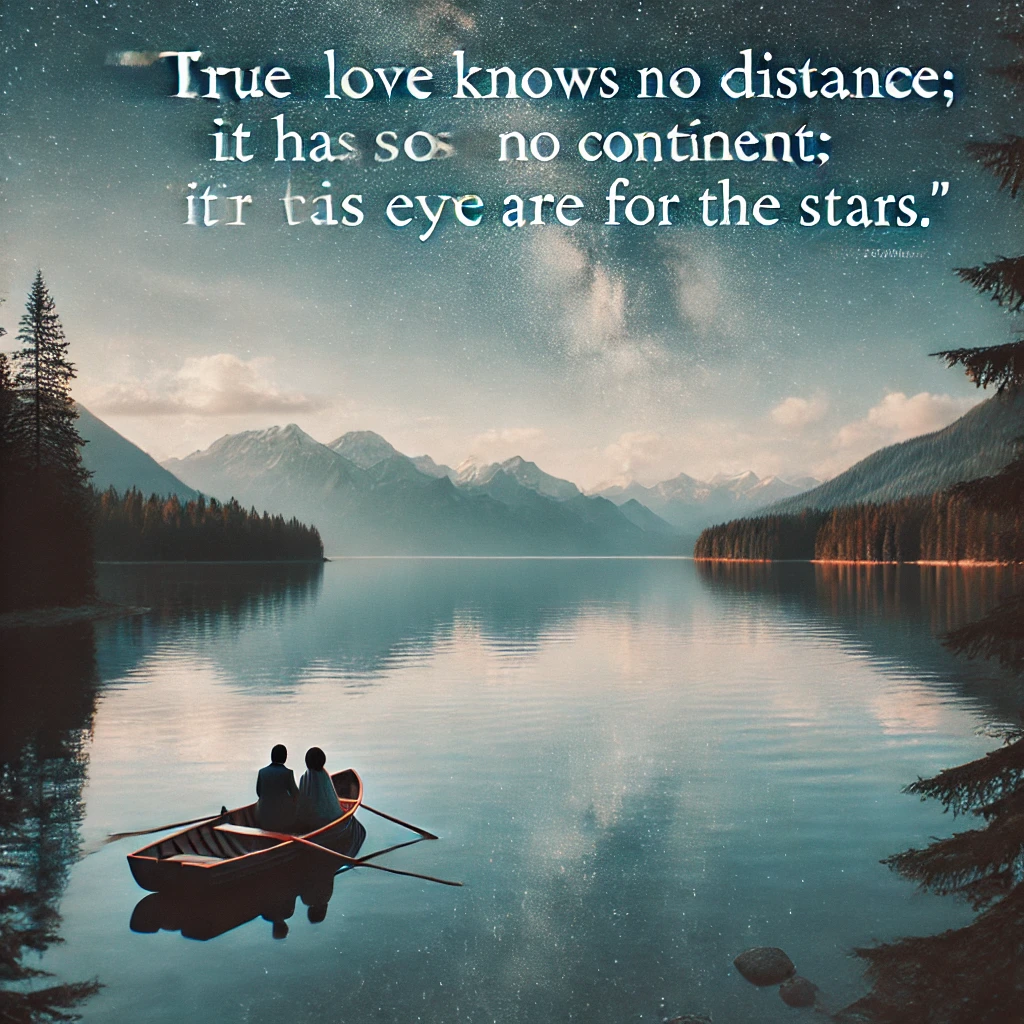 A peaceful lake scene with the quote 'True love knows no distance; it has no continent; its eyes are for the stars.'