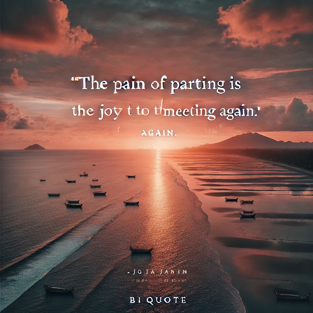 A sunset view over the ocean with the quote 'The pain of parting is nothing to the joy of meeting again.'