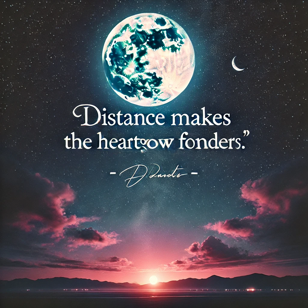 A night sky with a full moon with the quote 'Distance makes the heart grow fonder.'