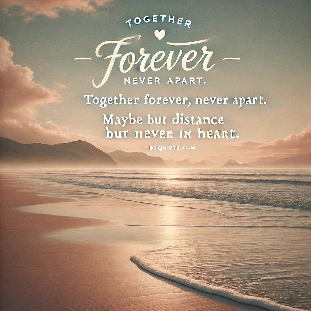 A calm beach scene with the quote 'Together forever, never apart. Maybe in distance but never at heart.'