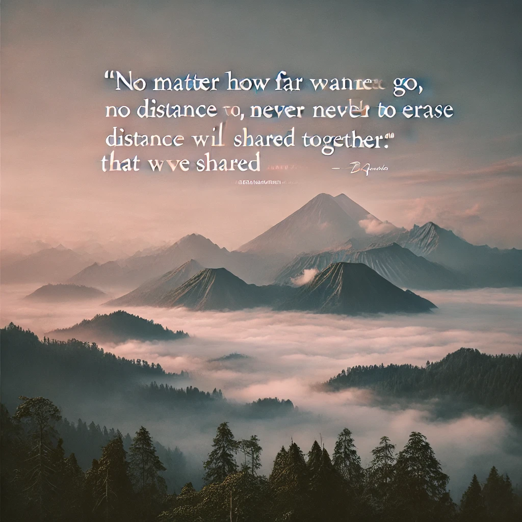 A misty mountain view with the quote 'No matter how far you manage to go, distance will never be able to erase those beautiful memories. There is so much goodness that we shared together.'