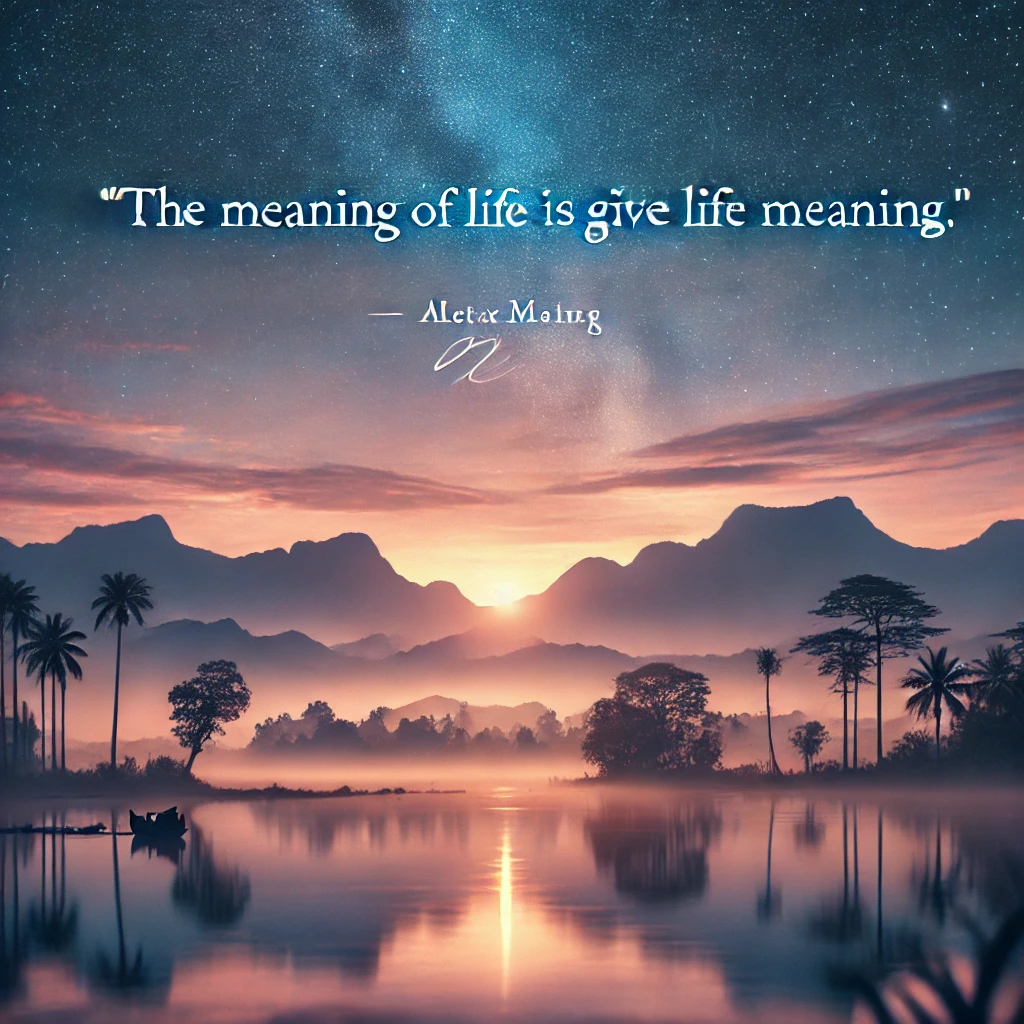 A tranquil sunrise over a mountain range with the quote 'The meaning of life is to give life meaning.'