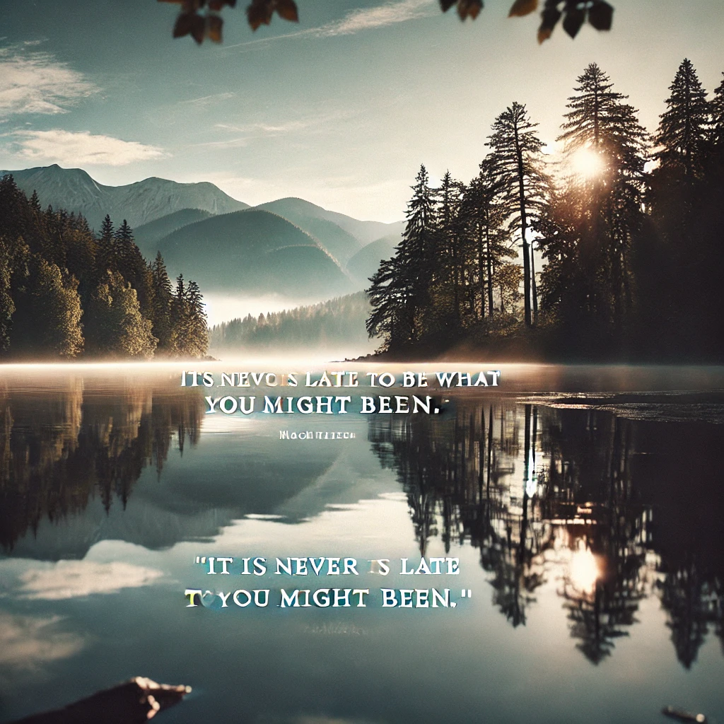 A calm lake with reflections of trees and mountains with the quote 'It is never too late to be what you might have been.'