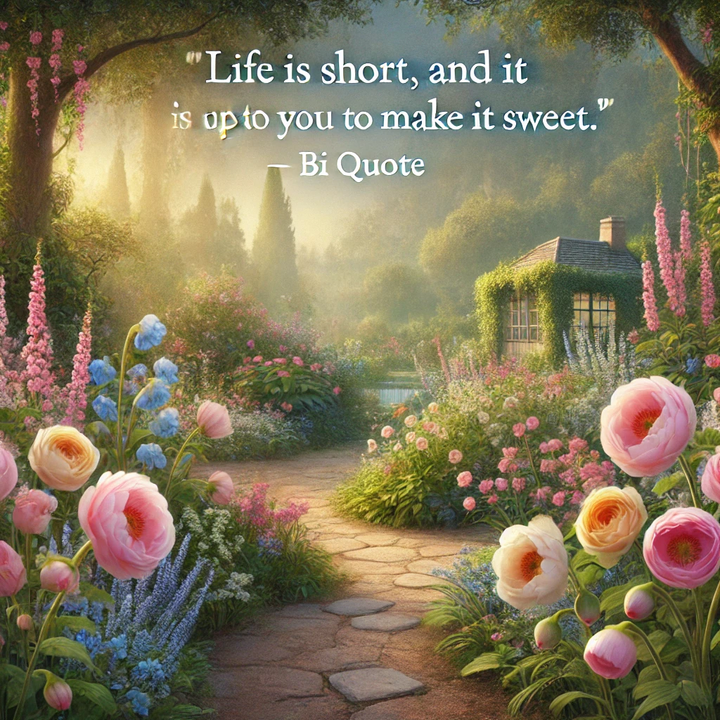 A tranquil garden with blooming flowers with the quote 'Life is short, and it is up to you to make it sweet.'