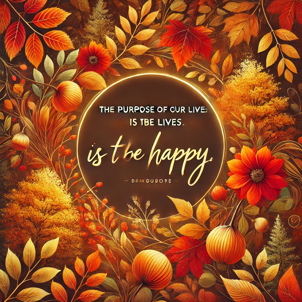 A vibrant autumn landscape with falling leaves and the quote 'The purpose of our lives is to be happy.'