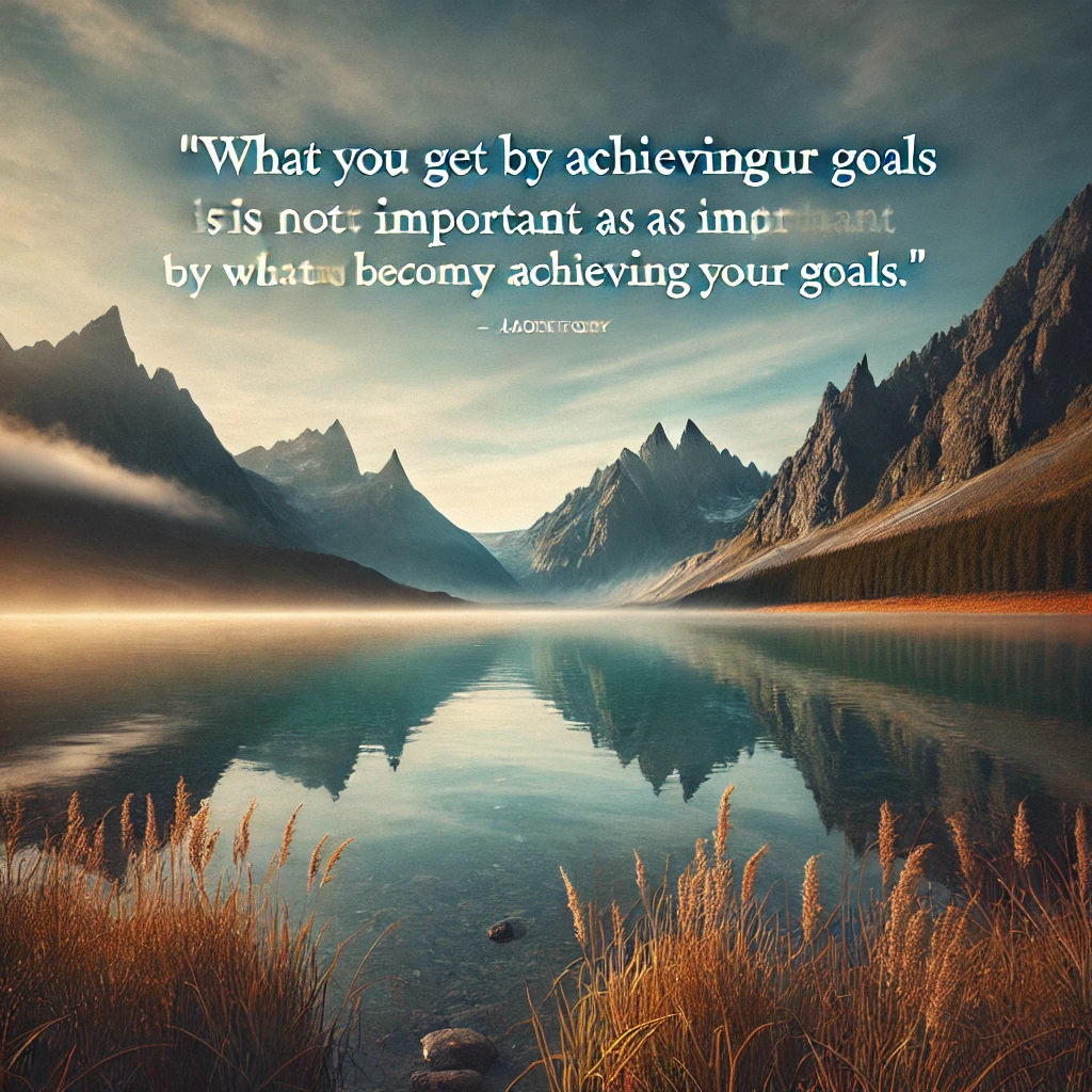 A calm lake with mountains in the background and the quote 'What you get by achieving your goals is not as important as what you become by achieving your goals.'