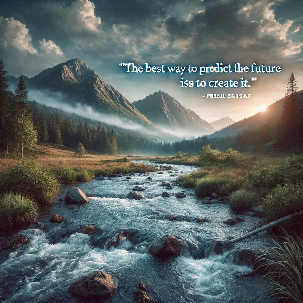 A scenic mountain landscape with a flowing river and the quote 'The best way to predict the future is to create it.'