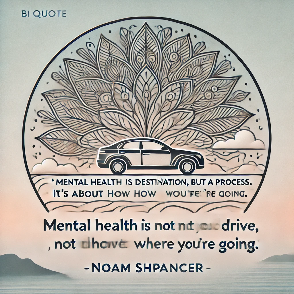 Inspirational quote with a car and floral design: 'Mental health is not a destination, but a process. It’s about how you drive, not where you’re going.'